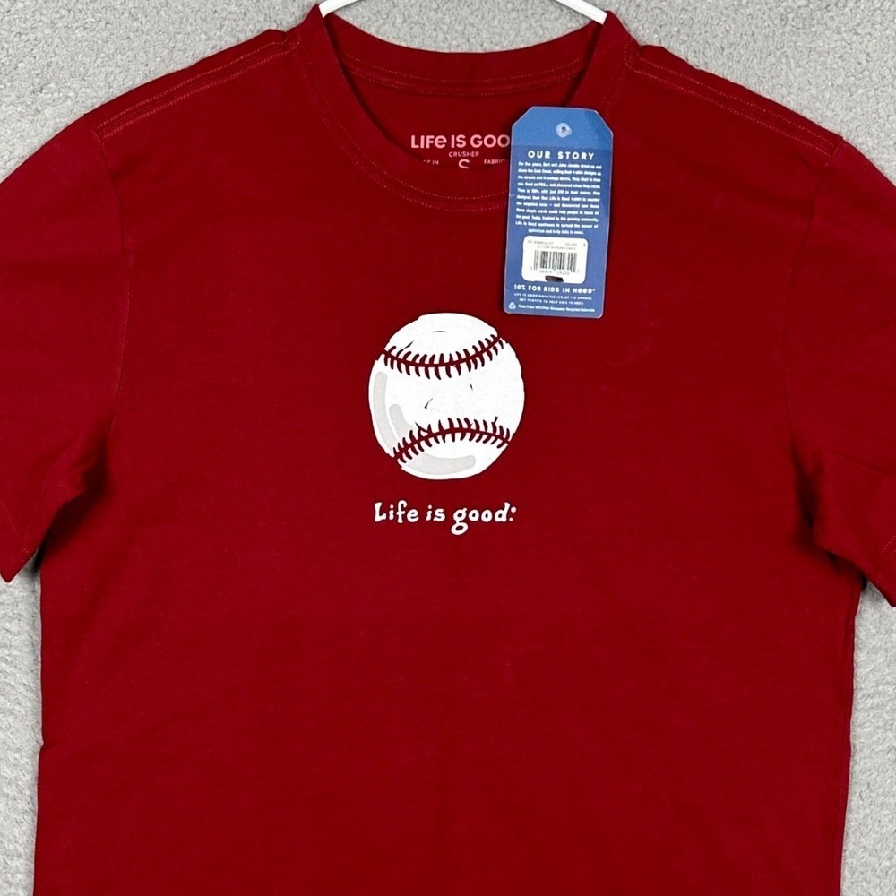 NEW Life Is Good T-Shirt Mens Small Red Crusher Tee Baseball Graphic Crew Neck